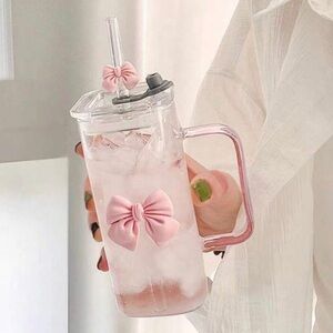 Pink Bow Glass Tumbler with Straw
